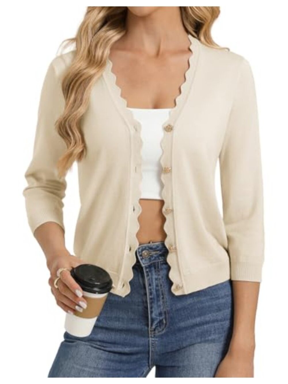 Women's Lightweight V-Neck 3/4 Sleeve Button Down Ruffle Cardigan